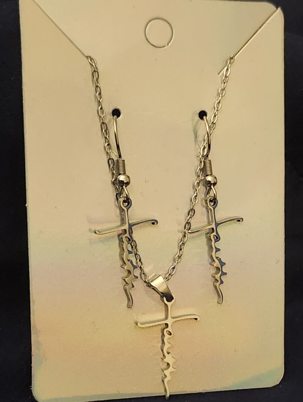 Silver Cross Dagger Pendant Necklace and Earring Set